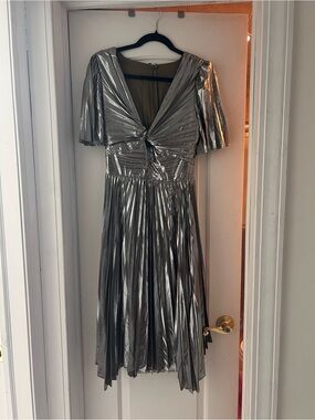 Anthropologie Short Sleeve Silver Metallic Cutout Midi Dress SZ Small Petit